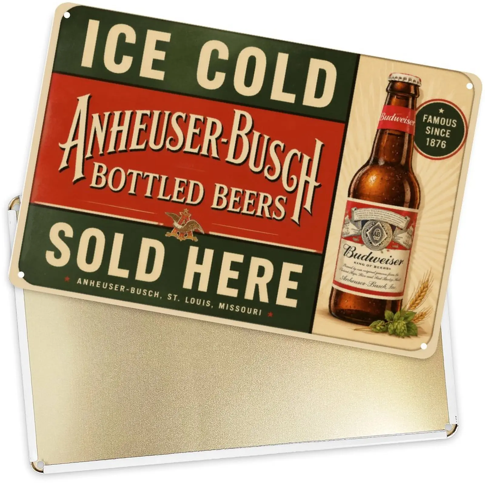 Budweiser Retro Logo Ice Cold Bottled Beer Metal Tin Sign - Waterproof, Pre-Drilled Hanging Wall Decor Plaque with Nail for Beer Lovers' Home Bar, Outdoor Garden Backyard BBQ Gatherings - Fade Resistant Home Supplies Gift Mount