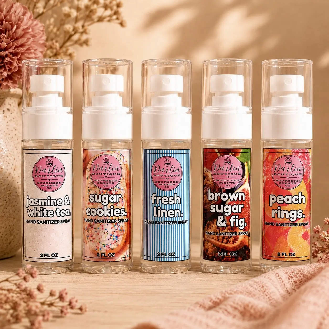 Hand Sanitizer Spray (2oz) - Vanilla, Jasmine, Sugar, Peach Fragrance Options for Personal Hand Care