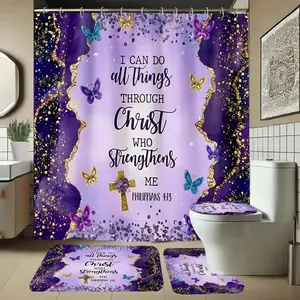 Butterfly Flower Pattern Bath Curtain Set, Includes Rug and Hooks, Non-Slip Shower Mat, U-Shaped Toilet Lid Cover Pad, Bathroom Accessory