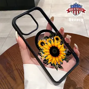 Magnetic Phone Case for iPhone 16 Pro Max 15 Plus 14 13 12 11 XR E XS Sunflower Floral Artistry Pattern Acrylic Back Soft TPU Edge Anti-Slip skin-friendly feel Hard Shell for Girl