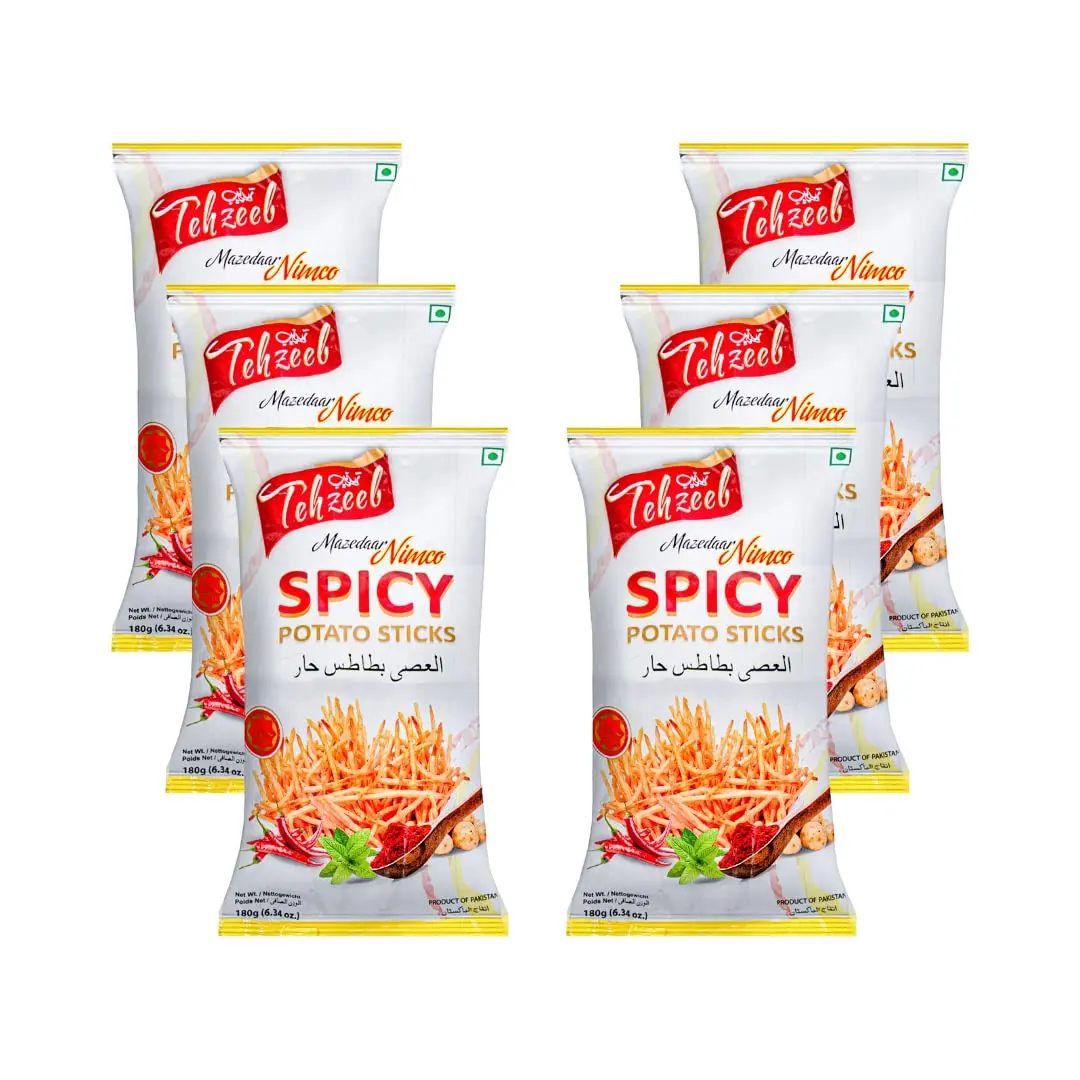 Tehzeeb Spicy Potato Sticks 180g (6.34 oz) Pack of 6 - Crunchy Fried Potato Sticks with Spicy Herbs - Halal, Vegan and GMO Free - Fresh and Crispy - Suitable for Vegetarians