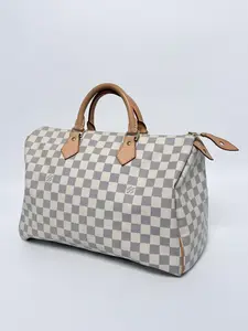 Pre-owned Louis Vuitton Leather Top Handle Bag Authentic Damier Azur Canvas Speedy 35 Top Handle Handbag Shoulder Bag YMLV187