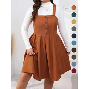 Plus Size Button Decor Pleated Pinafore A-Line Dress, Casual Sleeveless Tank Dresses for Fall & Winter Daily Wear Holiday, Women's Clothes, without Sweater