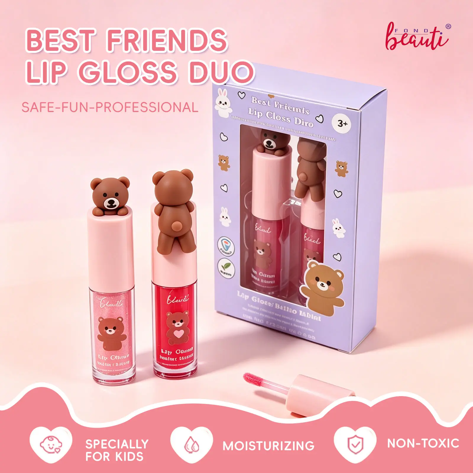 Fondbeauti Best Friends Lip Gloss Duo for Kids - Cute Bear Lip Gloss Set, Moisturizing & Long Lasting, Safe & Fun Lip Makeup for Girls