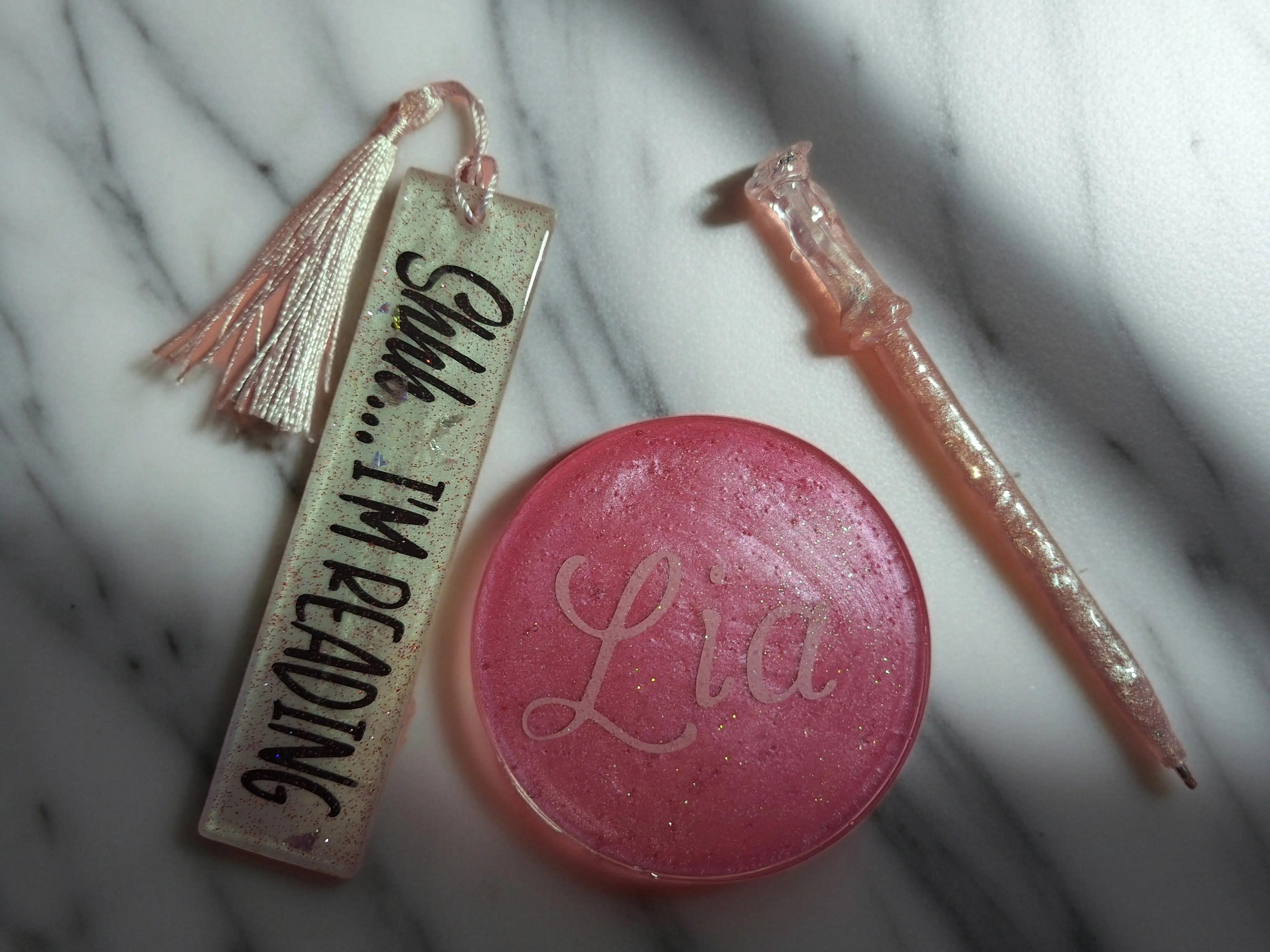 Custom Epoxy Party Favor Bags (Set of 3) | Personalized Bookmark, Coaster & Pen Set | Handmade Resin Gift | Unique event Favors