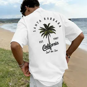 Men’s oversized Santa Barbara, California surf graphic T-shirt featuring a retro palm tree print, made from a soft cotton blend—perfect for beach lovers, fans of a coastal vibe, and casual everyday summer outfits.