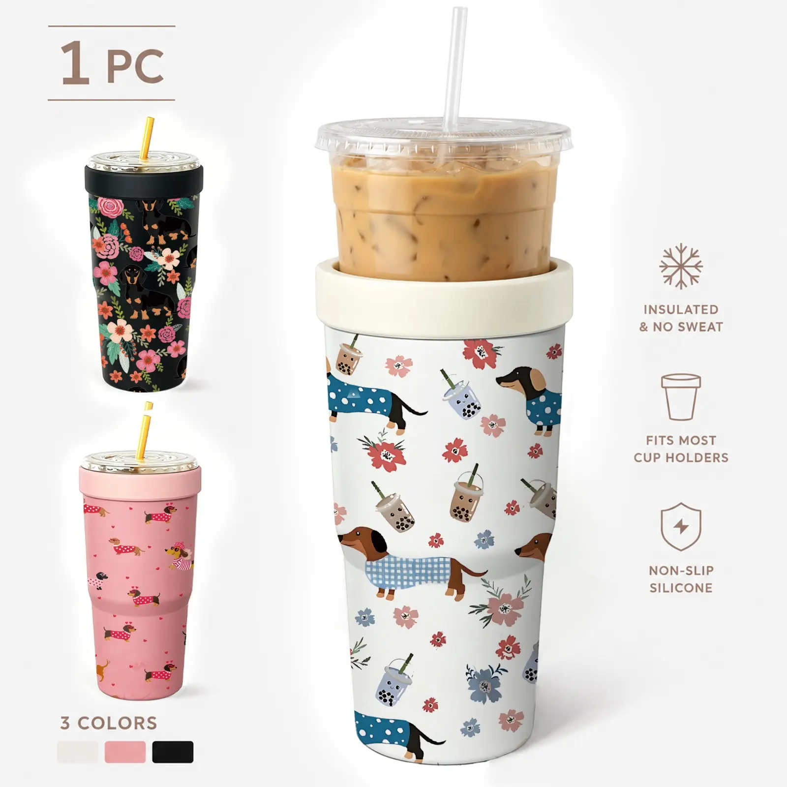 1 Pc 32oz Dachshund Floral Boba Print 2-in-1 Insulated Can Cooler, Includes Tumbler Lid, Converts into Travel Tumbler, Double Wall Vacuum Stainless Steel, Double Wall Drinkware, Fits Most 16-24oz To-Go Coffee & Bubble Tea Cups, Perfect for Daily Us