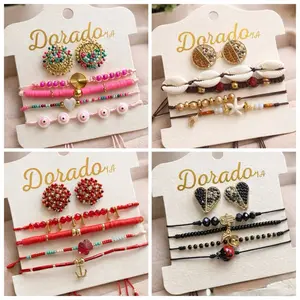 Handmade Small Stud Earrings Set + Adjustable Beaded Bracelets Handwoven Unique Design for Versatile Styling