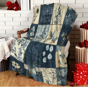 1pc Vintage Floral Patchwork Quilt Blanket - Cozy Flannel Throw with Blue and White Floral Design, Lightweight All-Season Home Decor for Sofa, Bed, Office, or Car, Perfect Gift for Any Occasion, Home Decor Accent |     Cozy Knitted Throw |     Flannel Qui