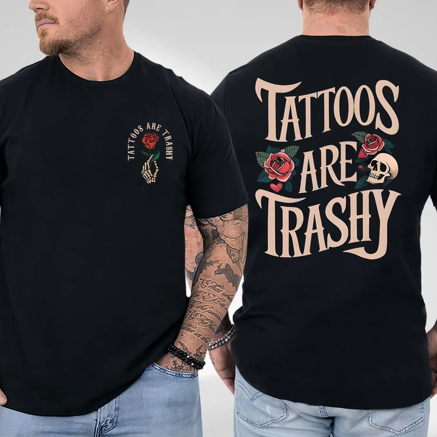 Unisex Subtle Tattoo Graphic T-Shirt, Casual Short Sleeve Streetwear in Soft 100% Cotton for Office & Daily Wear, Tshirt, Shortsleeve, Fabric, Menswear, Round Neck