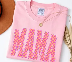 Comfort Colors Mama Checkered TShirt, Pink Mama Tee, Trendy Mom T-Shirt, Cute Mama Tee, Mother’s Day Gift for Mom tee