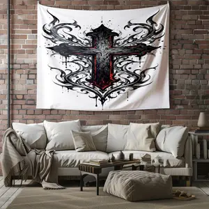 Tribal Gothic Cross Tapestry, Splatter Art Wall Hanging, Unique Tapestries Gift for Dark Academia Fans, Living Room Decor