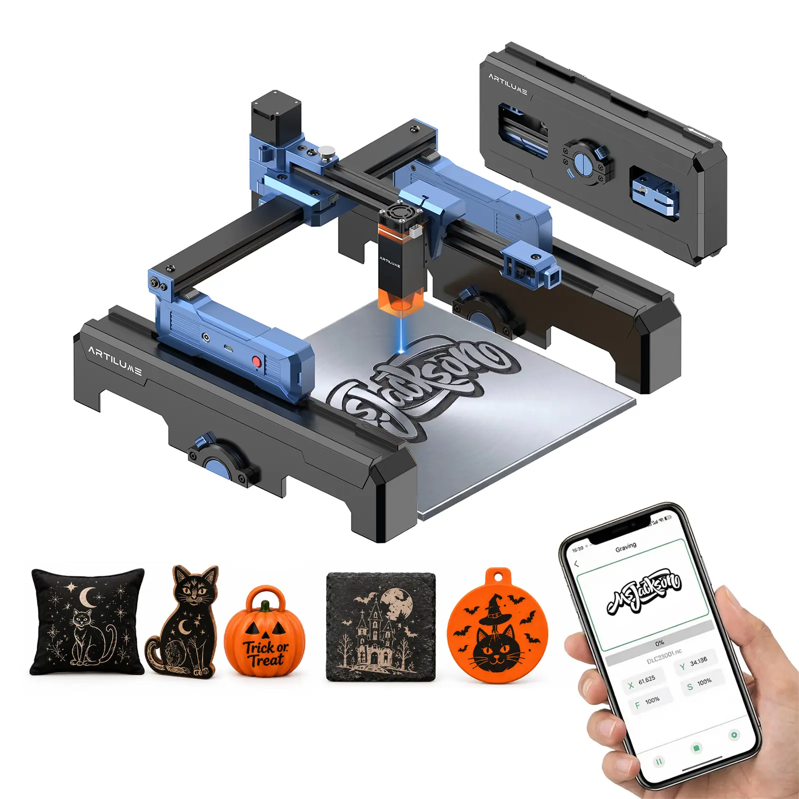 ARTILUME T1 Portable Wi-Fi Laser Engraving Machine, Pre-Assembled Folding Frame, APP Control, 0.01mm Precision, 10000mm/min Speed, Engraves Wood, Leather, Metal, Acrylic, Custom Design Tool for Creative Crafts