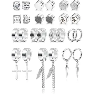 13Pairs Stainless Steel Magnetic Earrings for Men Women Zirconia Earrings Set Hoop Clip-on Non Tarnish 316L Steel Unisex Daily Trend Jewelry