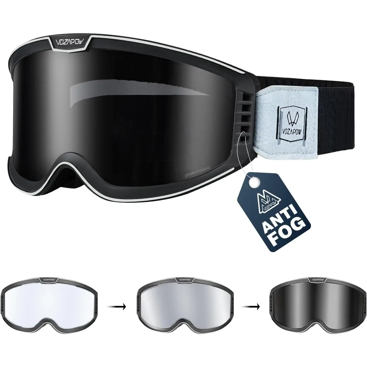 Retro Modern Oval Frame Photochromic Polycarbonate Offroad Motocross Goggles - Impact Resistant, Anti-Fog, OTG Goggle, UV Blocking, Flexible, Auto-Adjusting, Adjustable Strap, Non-Slip, Comfortable Adult Motorcycle Protective Gear, Snowproof