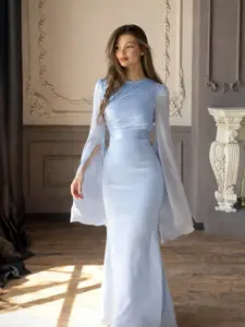 Light Blue Patchwork Glass Satin Long Sleeve Bodycon Dress, Elegant Plain Design, Perfect for Formal Parties and Special Occasions, Formal Wear