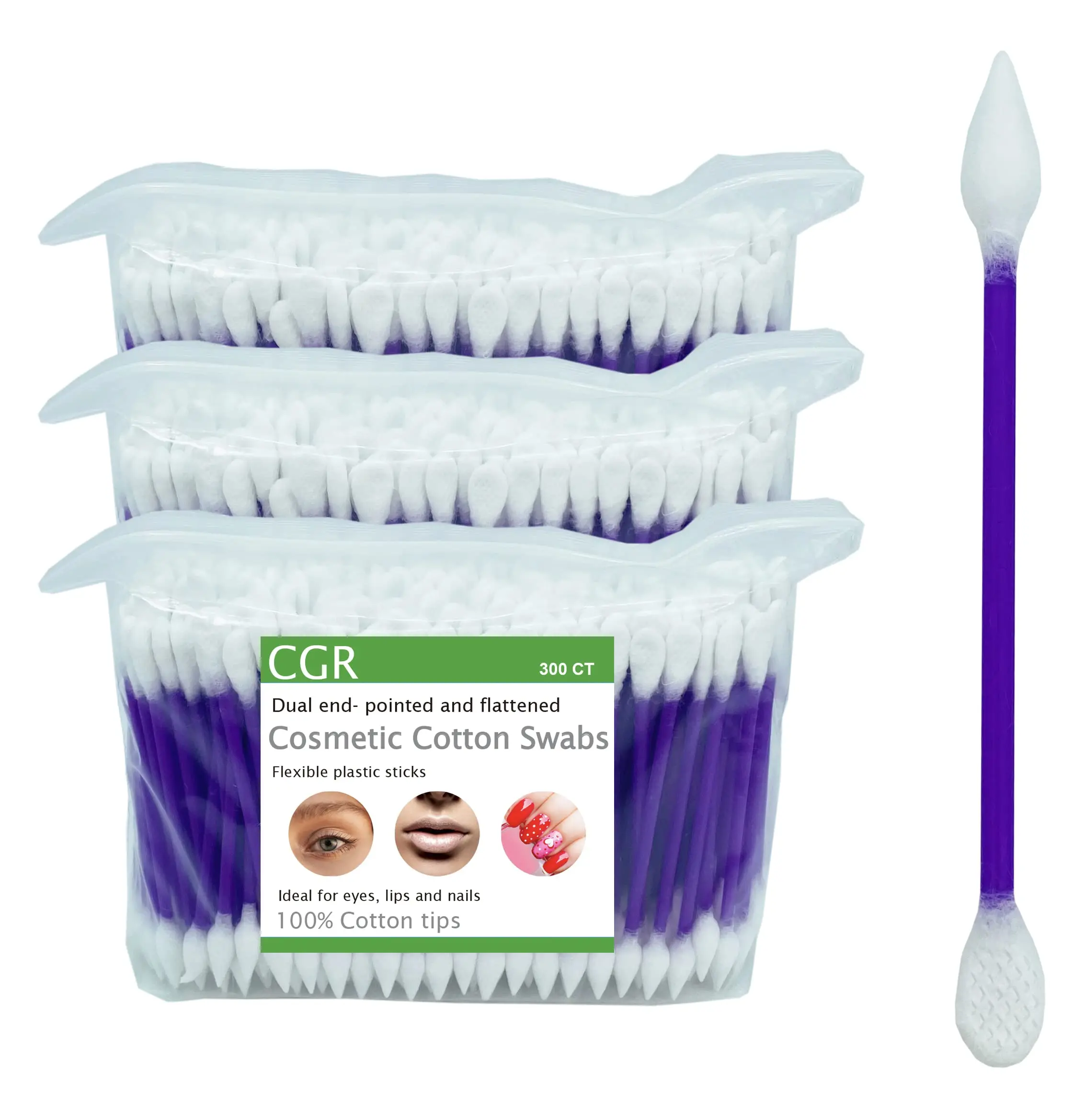 900count CGR Precision Cotton Swabs with Pointed and Flattened Tip Cosmetic Makeup Applicator(3x300count in bags)