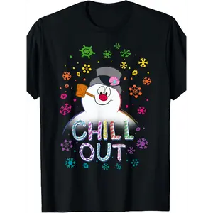 100% Cotton Women's Black Frosty The Snowman Chill Tee - Vintage Graphic Soft Summer Wear
