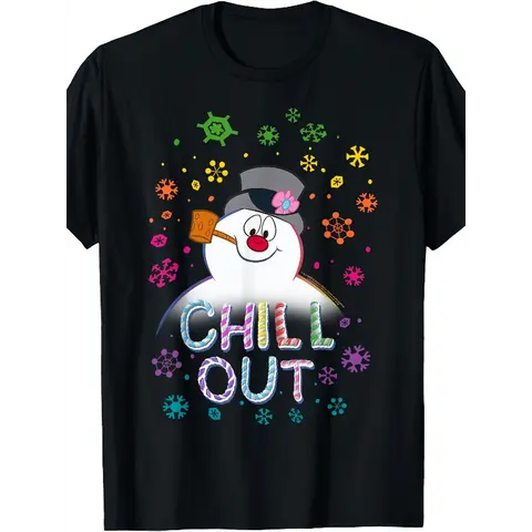 [100% Cotton] Women'S Black Frosty The Snowman Chill Out Portrait T-Shirt - Vintage Snowman Graphic With 'CHILL OUT' Text - Soft Breathable Summer Tee - Machine Washable Casual Top For Christmas Parties & Everyday Winte Golf Gift T-Shirt For Men And Women