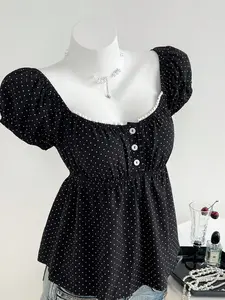 Women's Comfortable Square Neck Top, Polka Dot Pattern, Short Sleeve Design, Ideal for Casual Wear and Daily Use