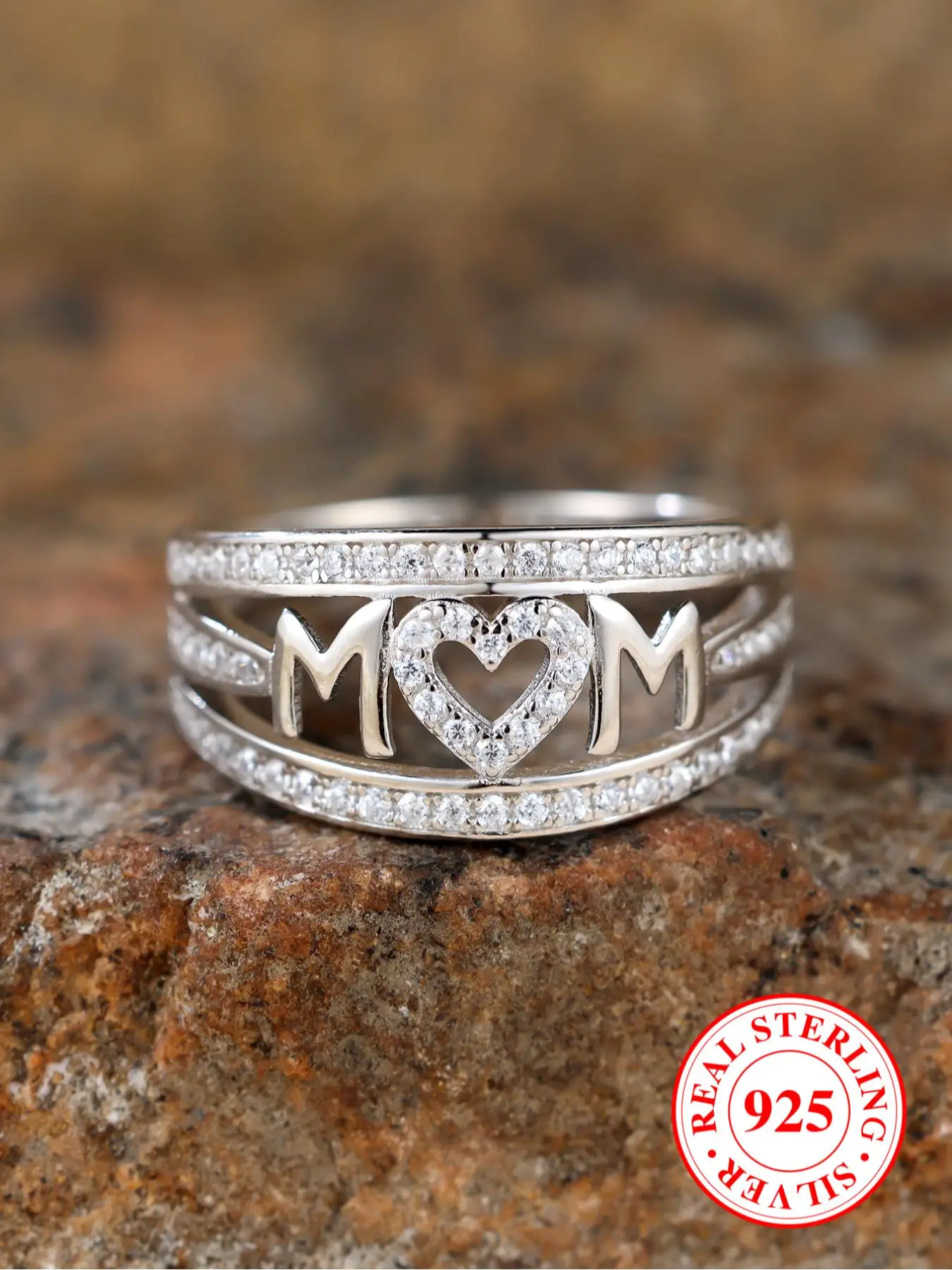 S925 Sterling Silver Fashion Mom Letter Design Ring with Box, Rhinestone Decorated Tiered Layered Ring for Women, Trendy All-match & Exquisite Jewelry