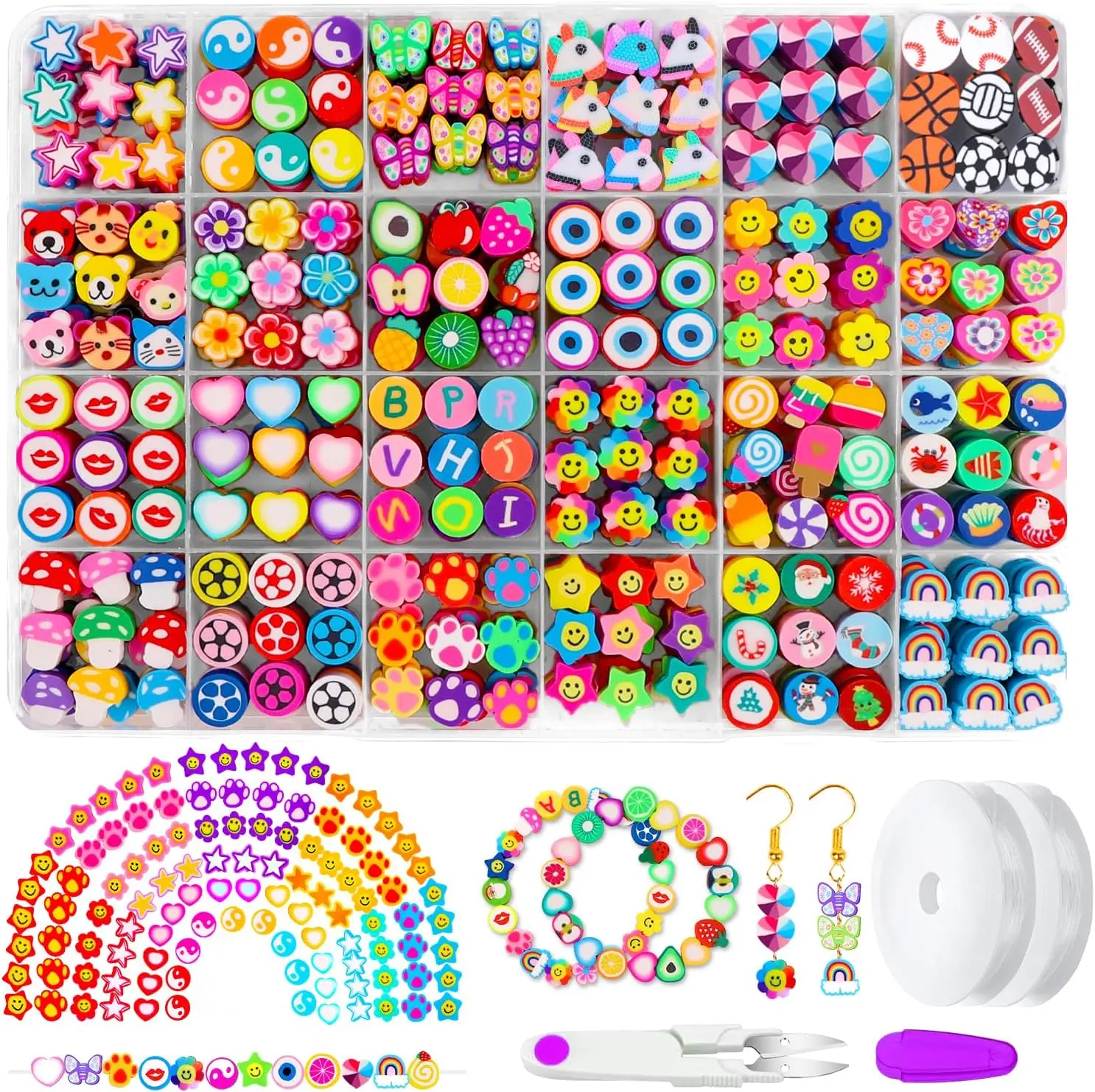 480 count Fruit Flower Polymer Clay Beads, 24 Style Cute Heart Mushroom Clay Beads Charms for  Necklace Earring Making, DIY Bracelet Making Kit Accessories for Women Girls