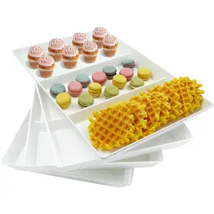 4-Pack Divided Serving Trays, 15"x10" White BPA-Free Plastic Platters for Parties & Gatherings, Ideal for Appetizers, Fruit, Veggies, Snacks & Desserts