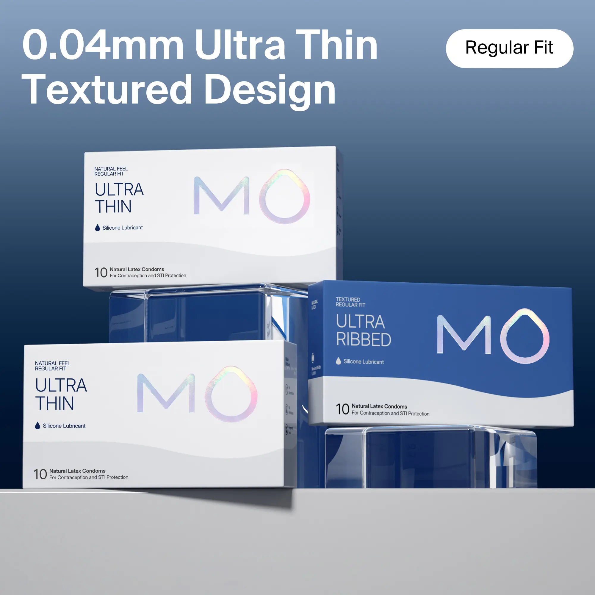 MO Men's Natural Latex Condoms, 10 Pcs, 0.04mm Ultra-Thin, Ultra-Ribbed, pH-Balanced for Sensitive Skin, Silicone Sensation, Flexible, Minimal Barrier, No Dryness, No Interruption, Everyday Confidence, Universal Fit Contraceptive, Ultra Fine