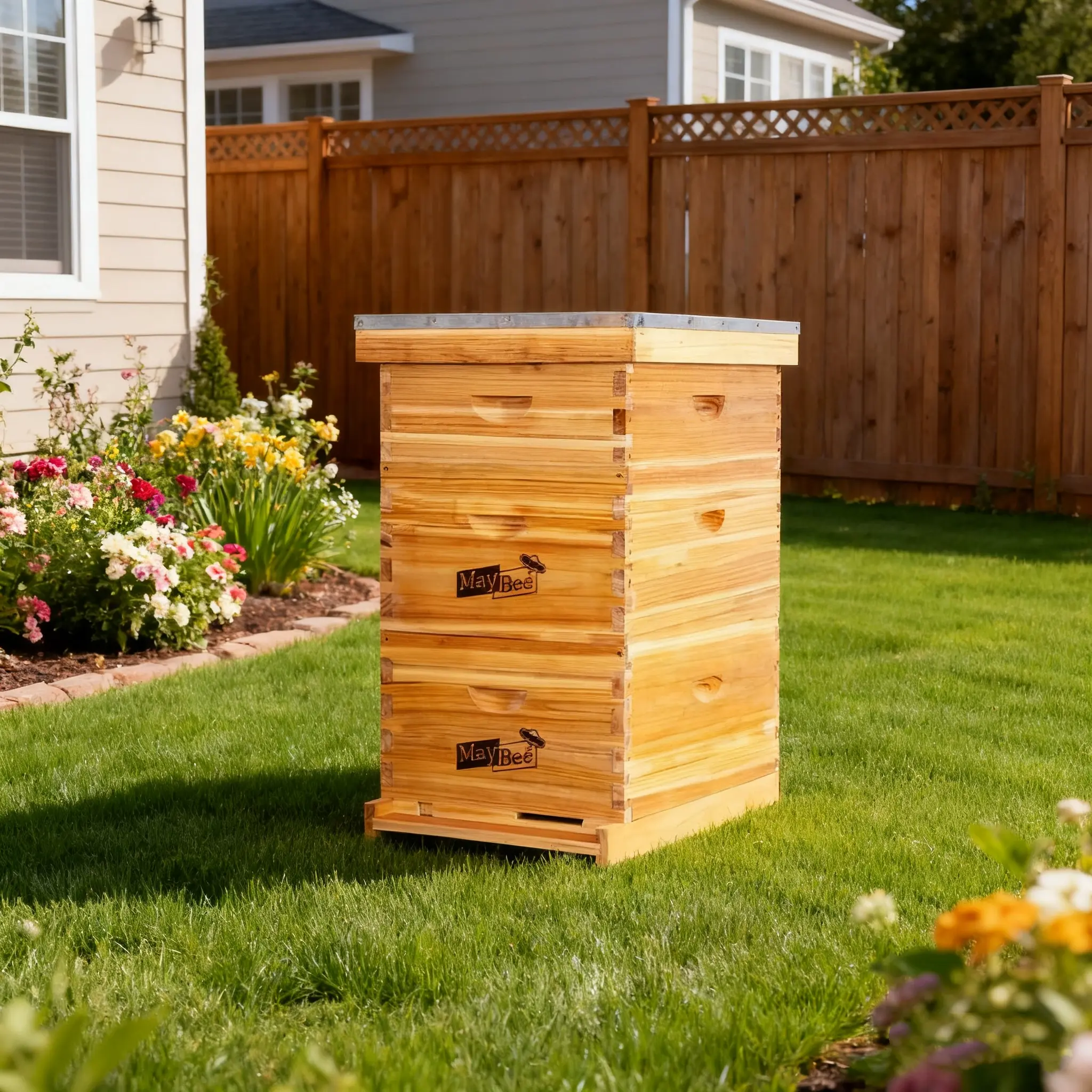 MayBee Hives 10-Frame 3-Layer Waterproof Cedar Wooden Langstroth Bee Hive Kit for Beginners, Durable 3 Layer Cedar Wood Set with Wax-Coated Deep Box, Medium Super Box, Beeswax-Coated Plastic Foundation, Plastic Queen Excluder, Assembly Nails