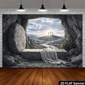 Easter Empty Tomb Backdrop Religious Scene Backdrop Cave Stone Background Cloth Faith Tapestry Wall Hanging Photography Background Polyester Fiber Church Easter Worship Event Studio Decor Prop Wall Art