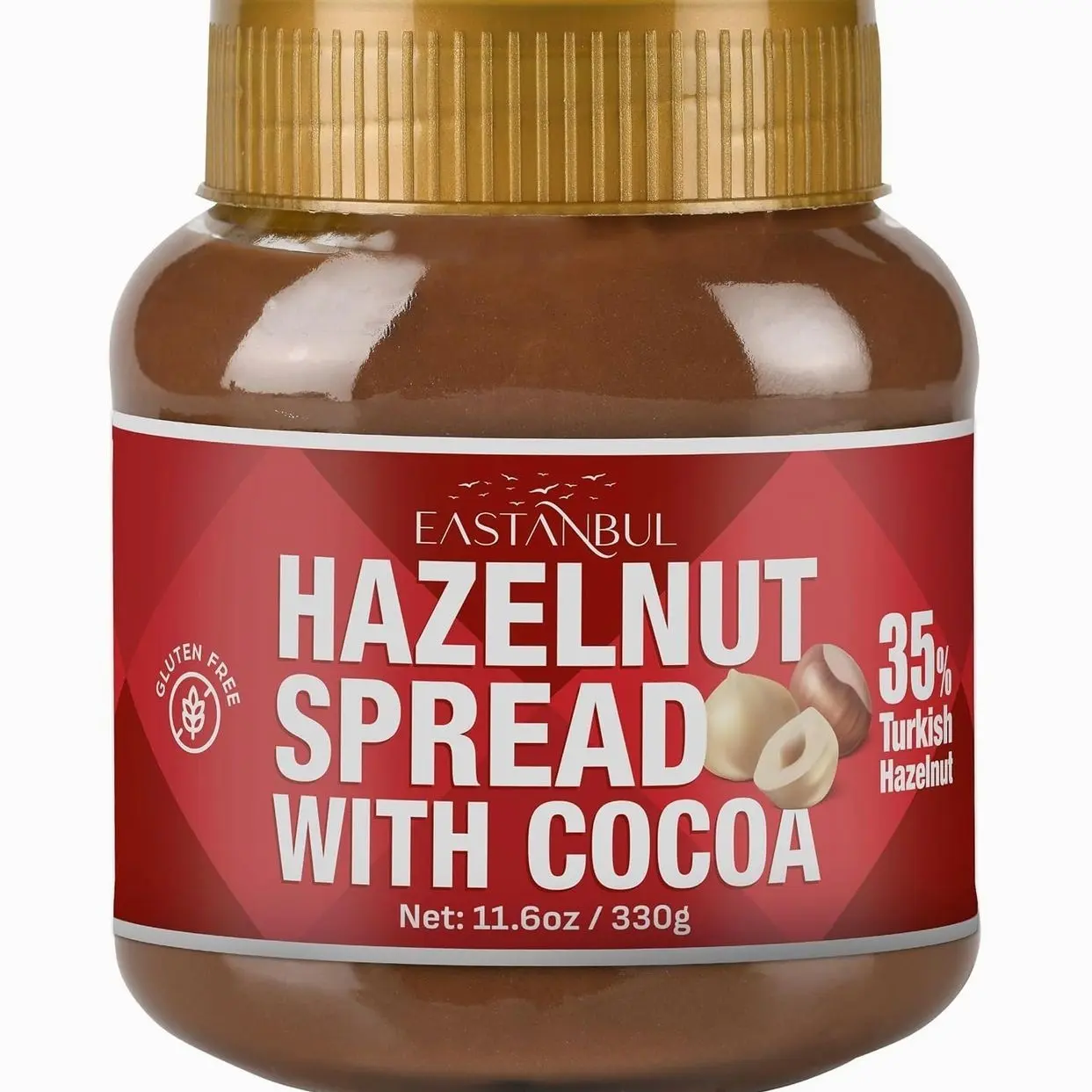 Eastanbul Cocoa Hazelnut Spread, 11.6oz, Chocolate Hazelnut Spread, No Palm Oil, Rich & Creamy 35% Nuts, Gluten-Free, Low Sugar, All Natural Ingredients, No Additives