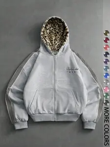 Men's Casual Leopard Hooded Cardigan, Long Sleeve Zipper Letter Print, Loose Fit Hoodie, Fall Fashion, Comfortable Daily Wear