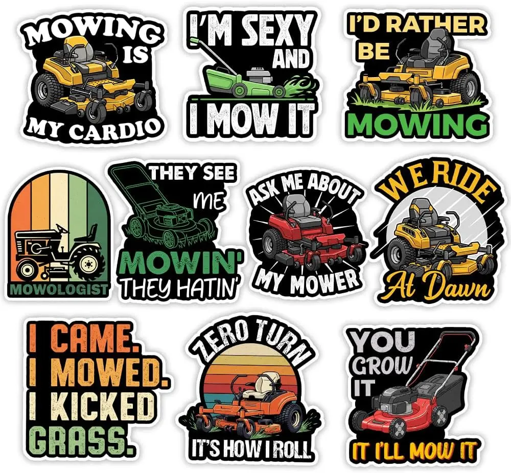 Lawn Mower Stickers Pack 10, Funny Mowing Humor Vinyl Decals for Landscaper, Gardener, Yard Work Fans – Waterproof Sticker for Laptop, Tumbler, Toolbox