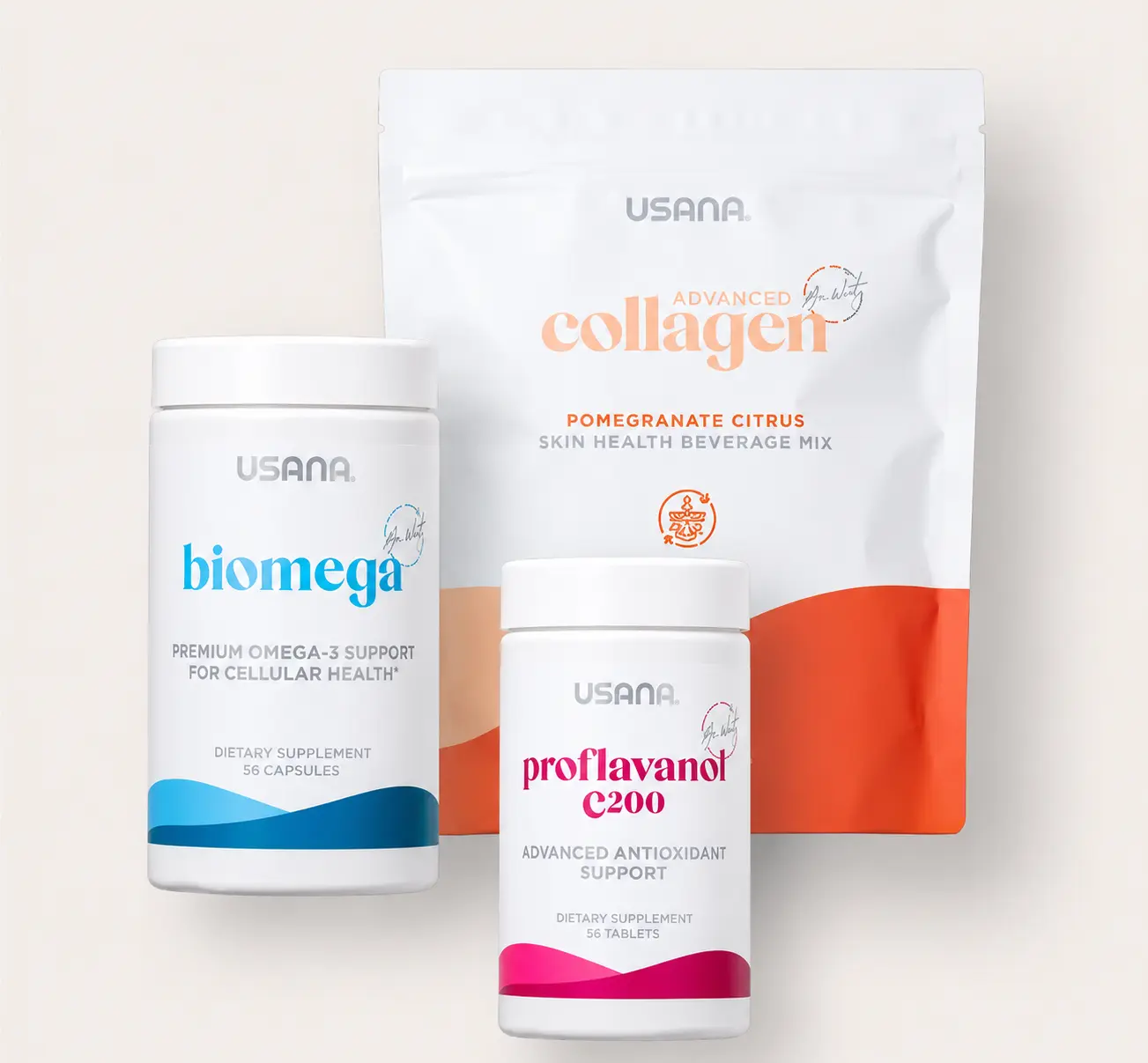USANA Beauty Glow Bundle | Advanced Collagen Proflavanol C200 BiOmega Collagen Peptides Vitamin C Omega Beauty Collection USANA Nutrition Products Collagen Formula BiOmega Softgels C200 Capsules Daily Beauty Essentials