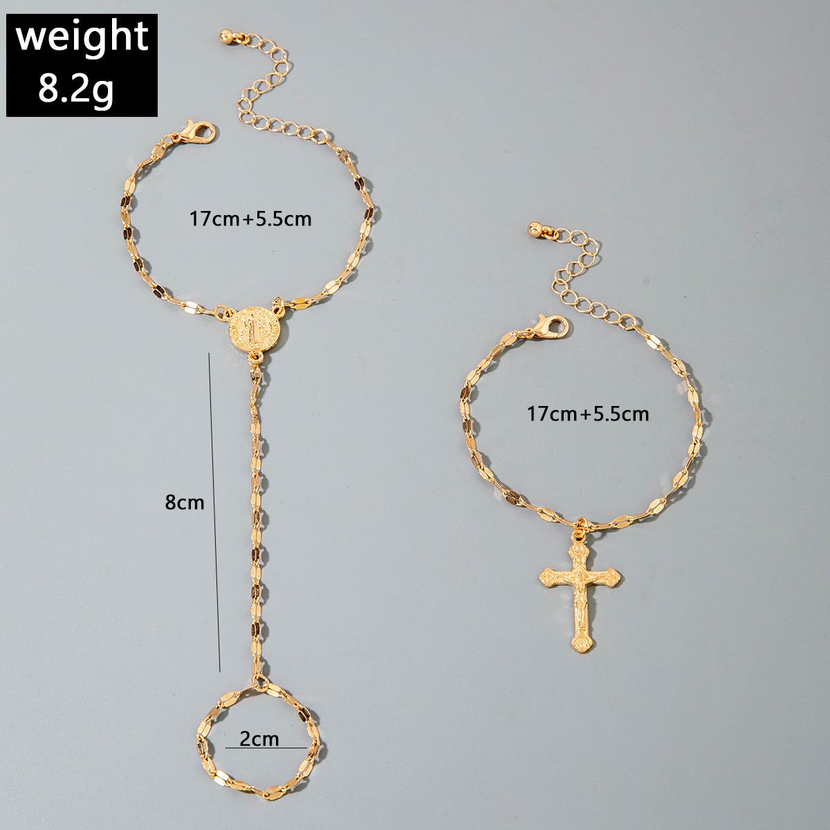 Gold Layered Hand Chain Bracelet with Cross and Virgin Mary Pendant, Dainty Sequins Chain Slave Bracelet Ring Combo for Women and Girls, Religious Jewelry