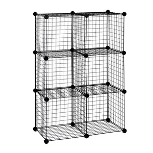 Wire Grid Storage Shelves, 14" Interlock Stackable Cubes, 5-gauge Wire, locked corners, Sturdy Heavy Duty, Floor-Stand or Wall-Hang (Black 6 cubes)
