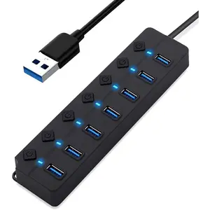 7-Port USB 3.0 Hub with Individual Power Switches and LED Lights, High-Speed Data Hub Splitter Portable USB Extension Hub for PC Laptop and More (No Power Adapter)