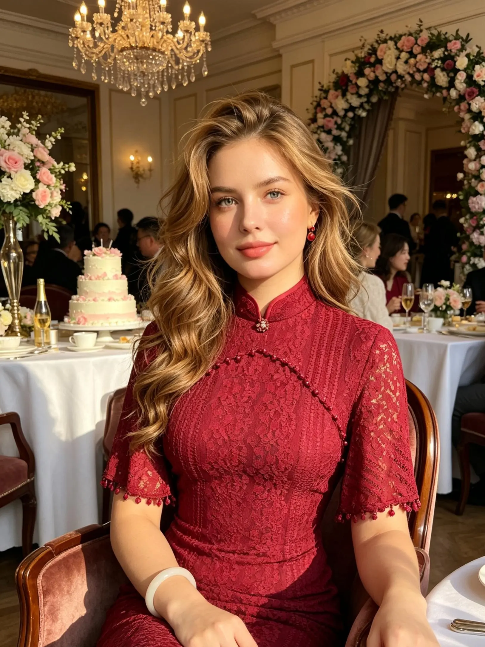 Handmade Double-Layer Burgundy Lace Midi Qipao, Elegant Formal Cheongsam for Wedding & Party