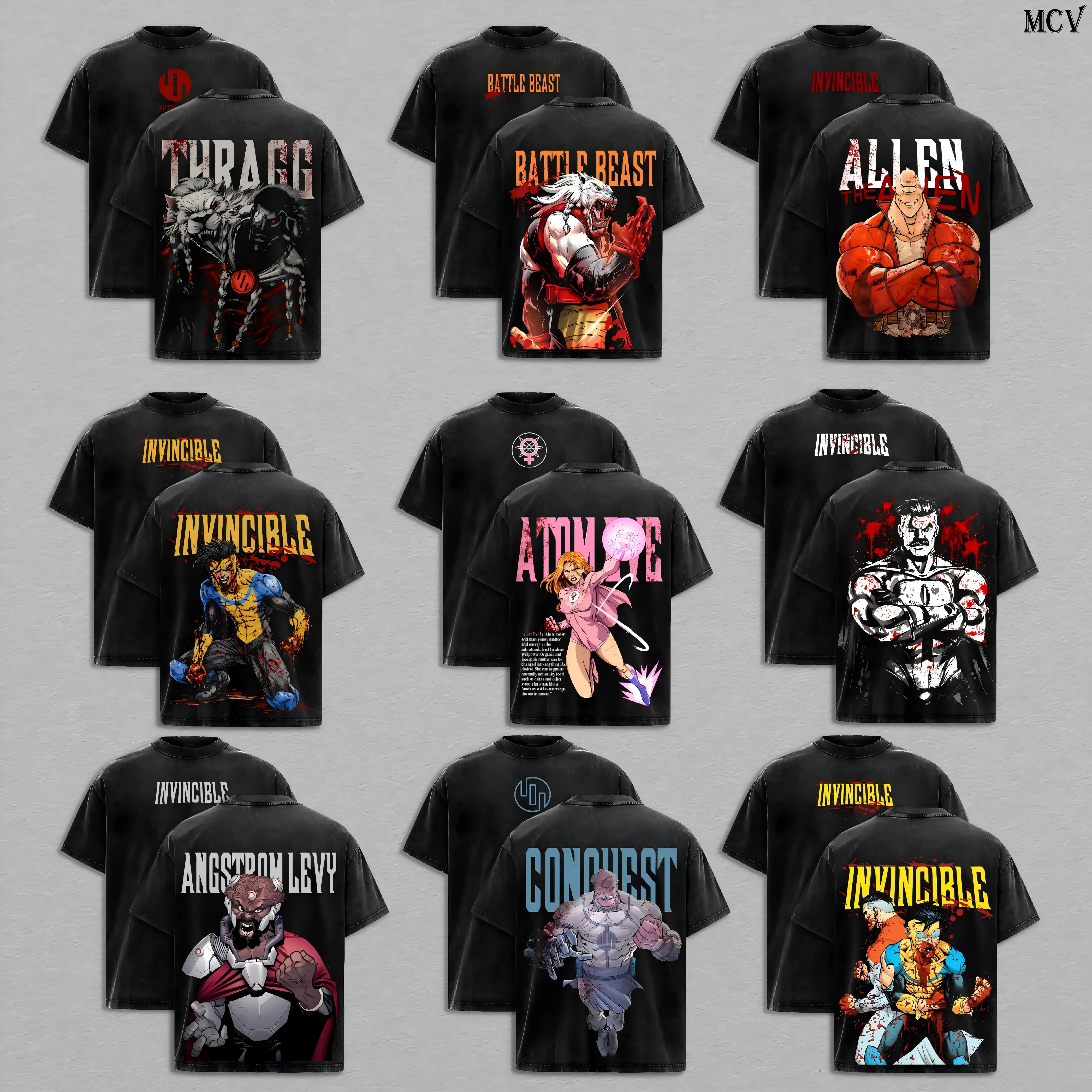 Men's Washed Short-Sleeve Soft Heavy Cotton T-Shirt - Invincible Viltrumite Collection, Anime Aesthetic Double-Printed Vintage Retro Streetwear, Multiverse Power Edition, Casual Graphic Tee, Menswear Tops, 4XL-5XL, Shortsleeve, Men's Graphic Tees, Fabrics