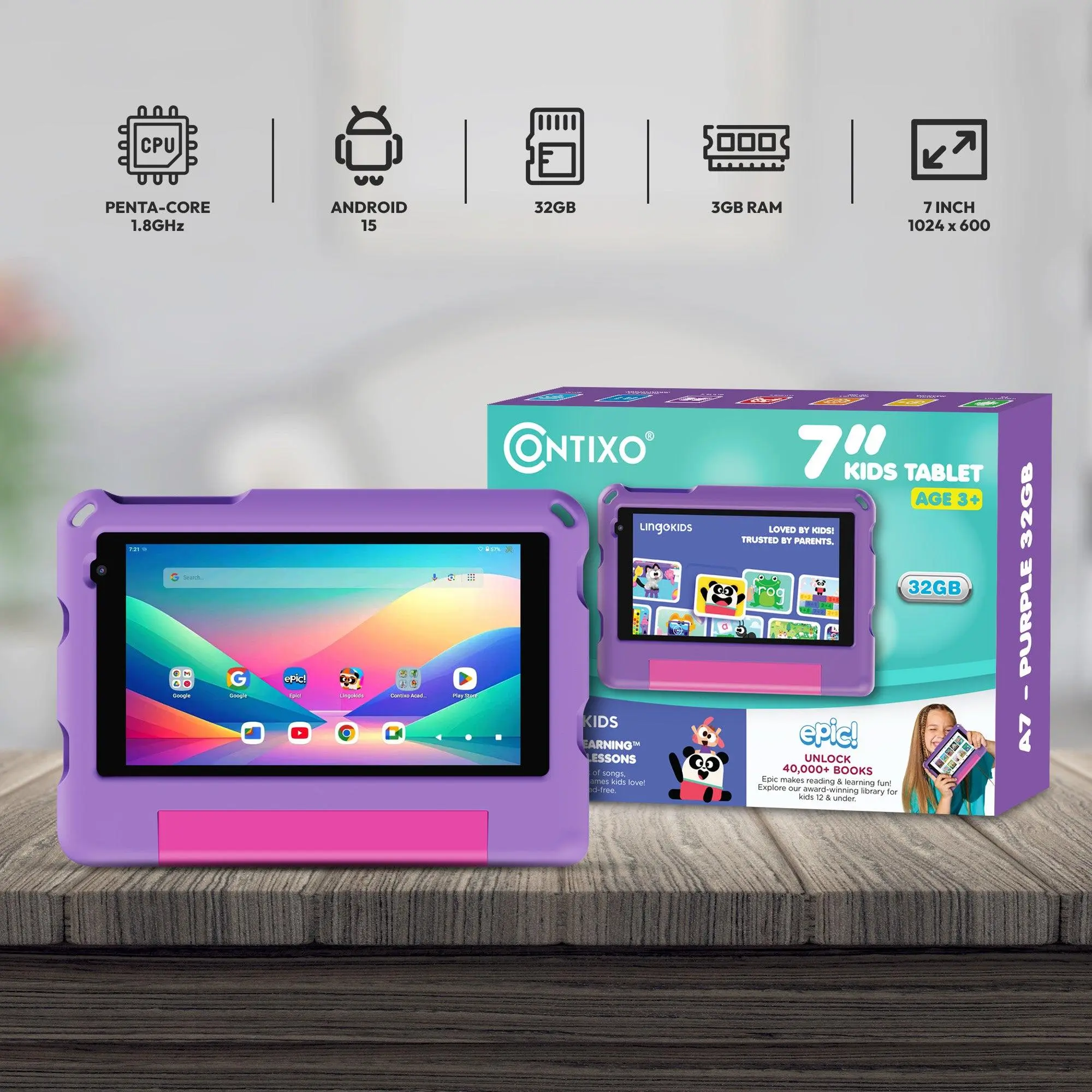 Contixo A7 7" Real Kids Tablet - 2026 Model, Android 15, 32GB, Type C, Digital Camera, Parental Control, Epic!, Lingokids, Portable Digital Learning & Home Entertainment Games Device, Lcd