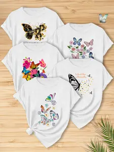 5- BUTTERFLY Women's short-sleeved five-pack with printed short sleeves and summer tops