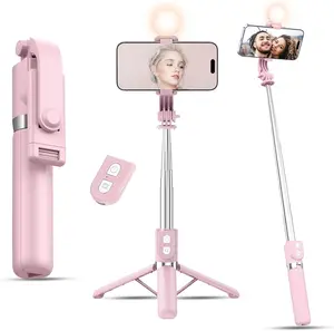 Selfie Stick with Rechargeable Remote and Light for iPhone - Portable Vlogging Filming Accessories - Cellphone Bluetooth Tripod