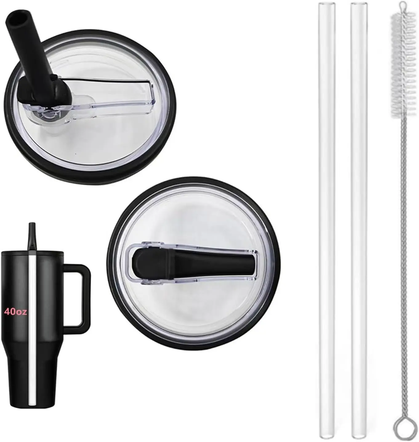 2 Pack 40 oz Tumbler Flip Straw Lid Replacement fit for (Only), Spill Proof Splash Resistant Tumbler , Leak Proof Tumbler Cover for Cup Accessories (Black)