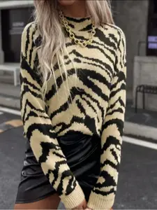 Women's Elegant Casual Leopard Print Long Sleeve Sweater, Giraffe Stripe Drop Shoulder Knitwear, Fall Winter Fitted Tight Warm Woolen Top Womenswear
