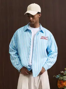 Oversized Blue Striped Shirt, ‘Believe In All Miracles’ Embroidered Graphic, Soft Fabric, Relaxed Aesthetic, Casual loose fit, Casual Fit for Streetwear/Everyday Looks, Layering Piece #OversizedShirt #CasualStreetwear #AestheticClo