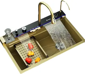 Bronstarz 29.5*18 INCH Digital Display Embossed Stainless Steel Brass Gold Raindance Waterfall Sink with Pressurized Cup Washer and Two Waterfalls 29.5x18 INCH