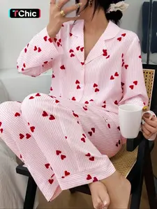 Women's Heart Stripe Print Button Front Shirt and Elastic Waist Pants Pajama Set, Cute Sleepwear for Spring & Fall, pjs