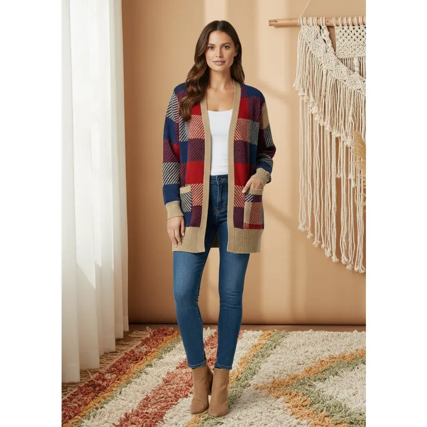 LuLaRoe Peyton • Open Front Cardigan • Boho Style • Red Blue Tan Plaid