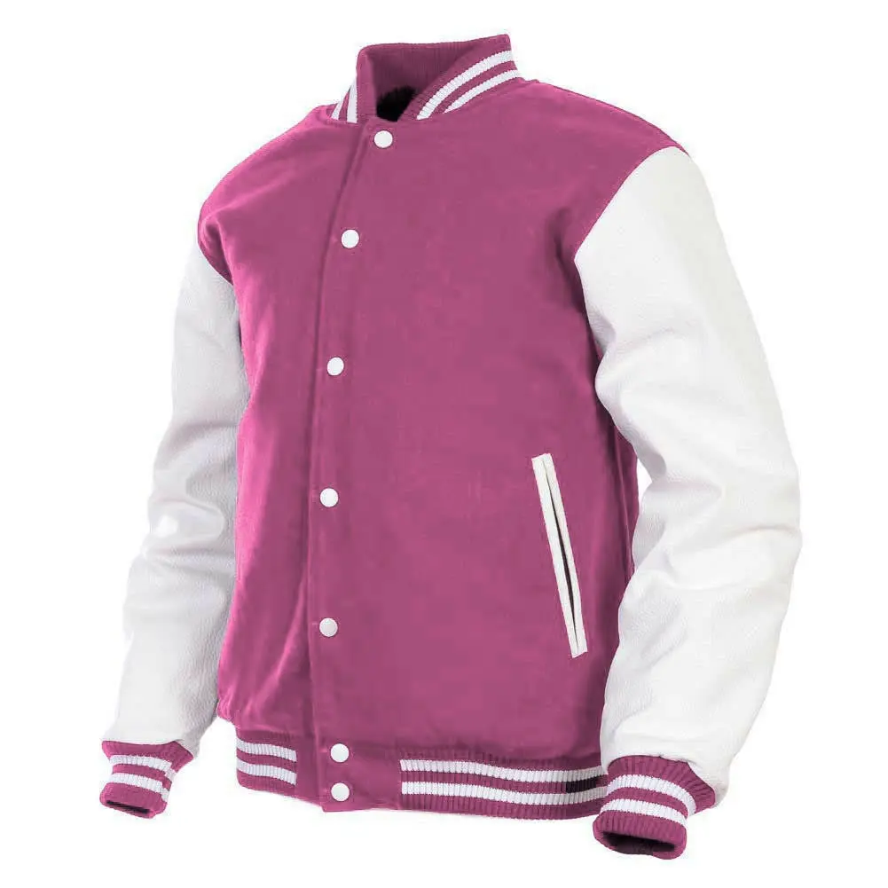 Deckra Men's Handmade Sporty Chic Wool-Faux Leather Letterman Varsity Baseball Jacket - Long Sleeve, Wool-Polyester Body, Faux Leather Sleeves, Embroidery, Buttons, Customizable Size, Multiple Pockets, Casual Wear, Custom Fit, Blush Pink/White, Menswear,,