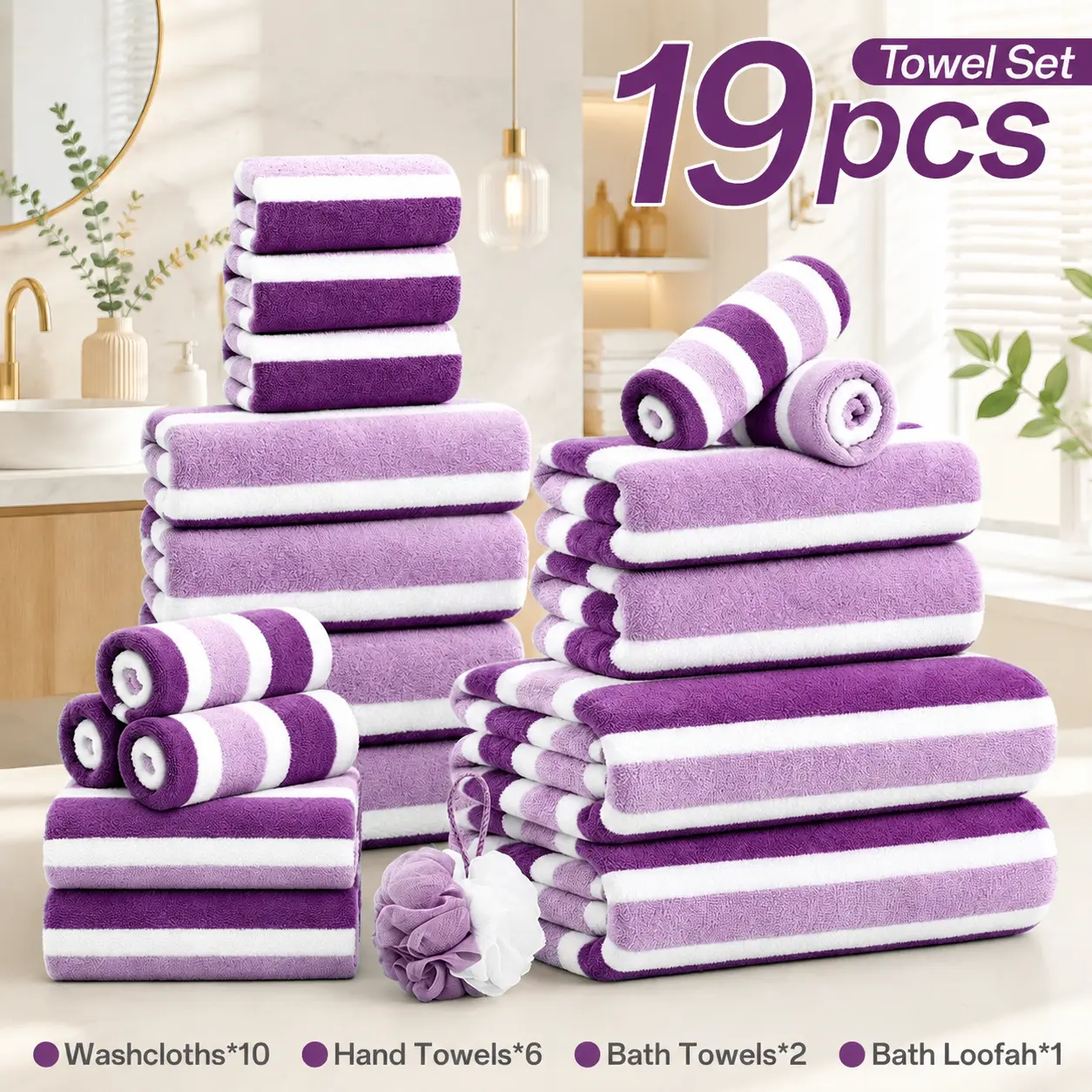 19pcs Bath Towel Set, Premium Bathroom Essentials for Everyday Bathing, Ultra Soft, Quick Dry and Absorbent Towels Designed for Home, Gym, Spa, Hotel & Guest Use, Includes 2 Bath Towels, 6 Hand Towels, 10 Washcloths and 1 Bath Loofah